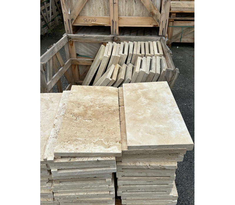 TRAVERTIN MARGELLE BEIGE 33X61X3-5 CM 1BORD EN RETOMBÉE 1ER CHOIX